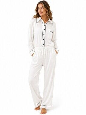 Patiini Bamboo Pajama Set White Contrast Trim Button Front Sleepwear NWT M
